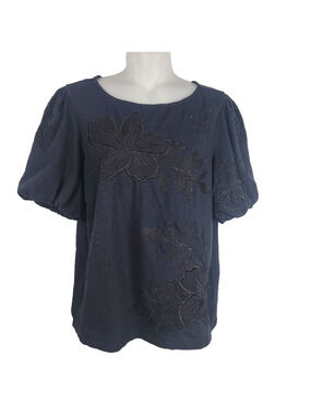 Tommy Bahama Heritage Hibiscus Puff Sleeve Lux T Shirt S Metallic Embroidery